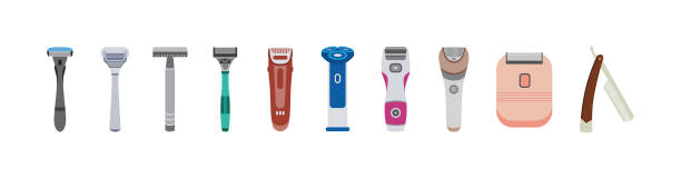Set of electric and straight razors, shavers with sharp blades for hair removal. Set of male and female shave accessories. Electric and straight razors, shavers with sharp blades, tools for hair removal. Flat vector illustrations isolated on white. safety razor stock illustrations