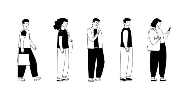 ilustrações de stock, clip art, desenhos animados e ícones de adult people customers group in casual clothes standing in line queue - waiting in line people in a row in a row people