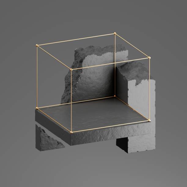 istock 3d render, abstract dark geometric background with concrete stone ruins, broken blocks and golden frame. Empty showcase scene for product presentation. Levitating objects 1317835852