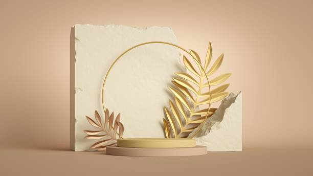 istock 3d render, abstract modern minimal beige background with empty podium, round frame, golden tropical leaves and broken stones and rocks. Showcase scene for product presentation 1317836006