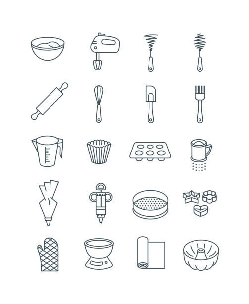 ilustrações, clipart, desenhos animados e ícones de ferramentas de cozimento doméstico ícones de linha fina vetorial plano - cortador de massa folheada
