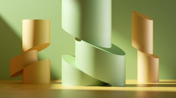 istock 3d render, abstract background with yellow green cut cylinders, primitive geometric shapes in sunny room. 1317836681