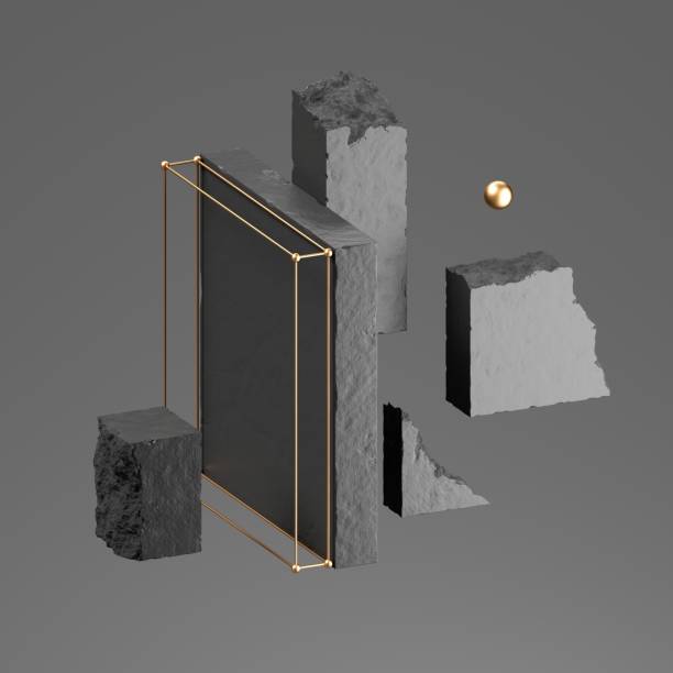 istock 3d render, abstract dark geometric background with concrete stone ruins, broken blocks and golden frames. Levitating objects 1317836706