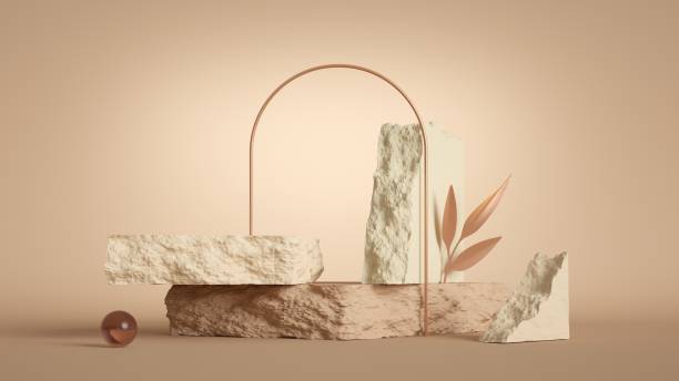 istock 3d render, abstract modern minimal pastel background with rock podium, golden arch and decorative leaf. Showcase scene for product presentation 1317836751