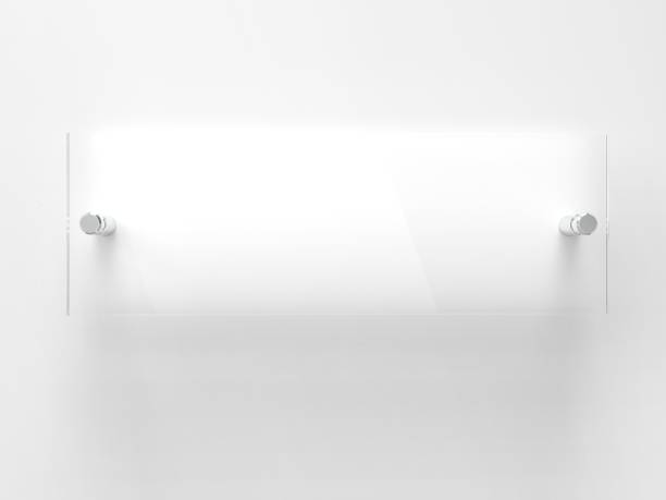 istock Blank Transparent Glass Interior Office Corporate Signage Plate Mock Up Template, Clear Printing Board For Branding, Logo. Transparent acrilic advertising signboard mock-up front view. 3D rendering 1317837232