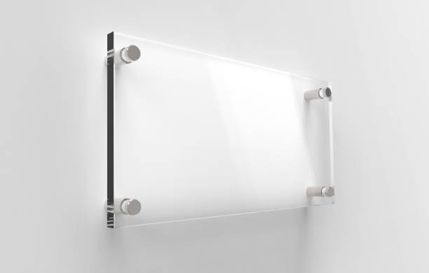 istock Blank Transparent Glass Interior Office Corporate Signage Plate Mock Up Template, Clear Printing Board For Branding, Logo. Transparent acrilic advertising signboard mock-up side view. 3D rendering 1317837401