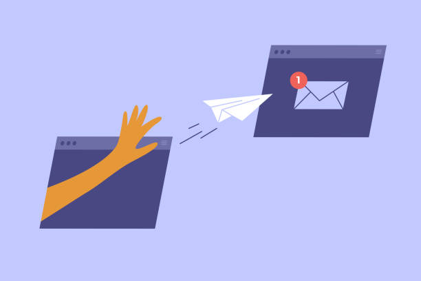 New incoming email message vector illustration with human hand sending paper airplane Human hand sending paper airplane from virtual computer window frame. New incoming email message. Send mail concept. Online messaging in internet. Social media chatting. Technology vector illustration writing email stock illustrations