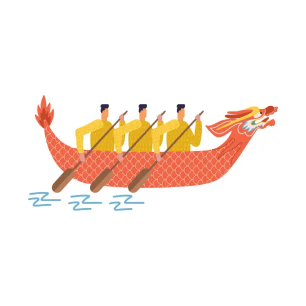 Vector illustration of Asian men in long boats in shape of dragon. Vessels prepared to dragon boat festival and people with wooden paddles isolated vector illustrations.