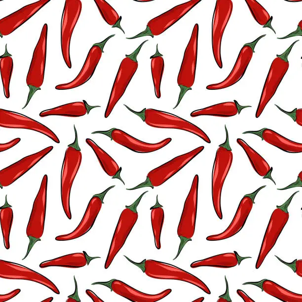 Vector illustration of Pattern chili drawn in paper art style on white background. Vector design. Seamless Cartoon Color illustration. Line art.