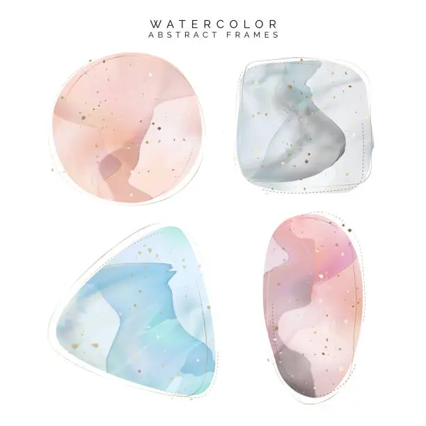 Vector illustration of Vector Watercolor Abstract Background, Graphic Element or Frame Drawing with Gold Foil Effect in Square, Triangle, Circle and Oval Shape. Pink, Gray and Blue.