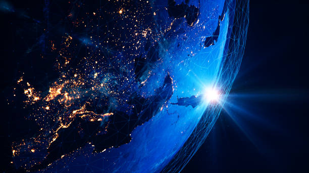 Global Communication Network (World Map Credits To Nasa) Earth view from space at night with lights and connections from cities.
(World Map Courtesy of NASA: https://visibleearth.nasa.gov/view.php?id=55167) outer space stock pictures, royalty-free photos & images