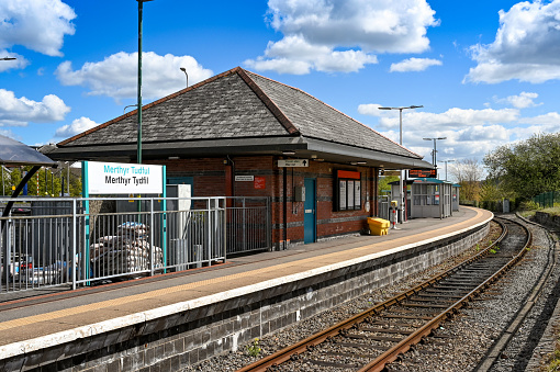 Merthyr Tydfil,  Wales - May 2021: Merthyr Tydfil railway station in South Wales. It is the terminus of the line which links the valleys with Cardiff. .