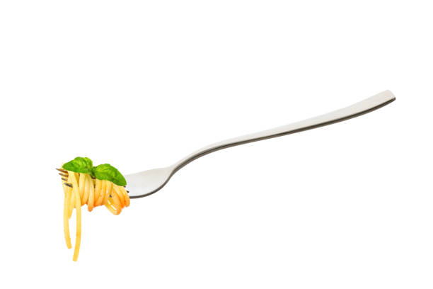 istock Cooked spaghetti pasta rolled on the fork with leaf of basil and tomato sauce 1317845783