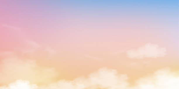 ilustrações, clipart, desenhos animados e ícones de céu com nuvens fofas em tom pastel azul claro, rosa e cor laranja, pano de fundo da fantasia mágico céu do pôr do sol natural na primavera, verão, outono, inverno, vetor doce fundo para a bandeira de quatro estações - cloud horizon spring summer