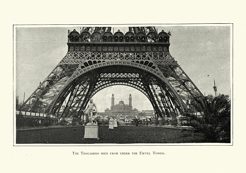 Vintage photograph of Trocadero from under the Eiffel Tower, Exposition Universelle, 1889, 19th Century
