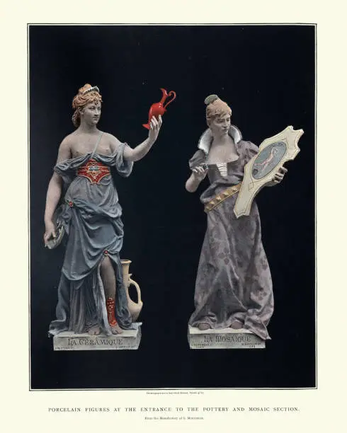 Photo of Porcelain figures at the entrance to the pottery and mosaic section, Exposition Universellem Paris