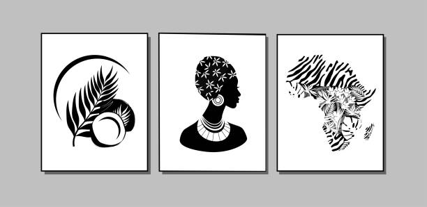 3 oprawione obrazy na motyw afrykański. tryptyk. do sztuki ściennej, nadruku, wystroju domu, wnętrza, dnia afryki. ilustracja wektorowa w stylu czarno-białym. - african descent africa african culture pattern stock illustrations