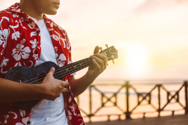 unerkennbare person, die nach einem sonnenuntergang einen spiellichen akkord mit einer instrumentensaite namens gitarre oder ukulele hält. - uke stock-fotos und bilder