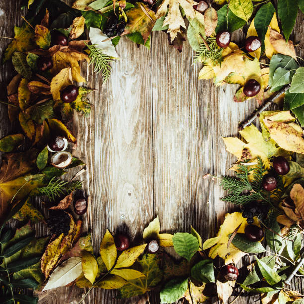 istock Autumn wooden background with maple leaves with copy space 1317855731