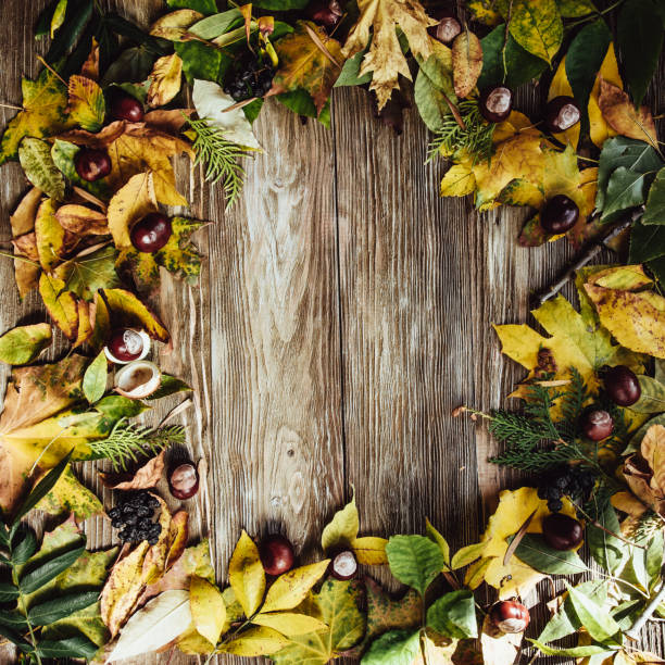 istock Autumn wooden background with maple leaves with copy space 1317855743