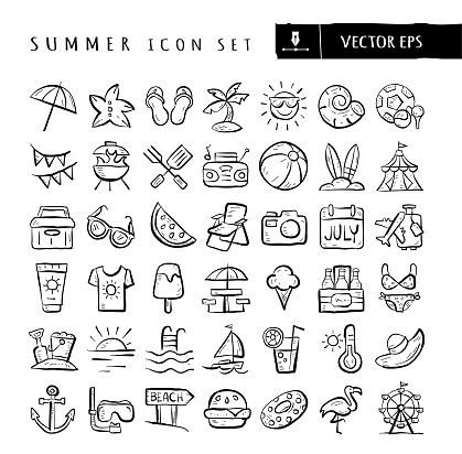 Vector illustration of a big set of 43 icons for summer vacations. Includes hand drawn sun umbrella, starfish, flip flops, palm tree island, sun emoji, shell, sports and recreation, bunting flags, barbecue grill, barbecue picnic utensils, portable stereo, beach ball, surf boards, carnival tent, cooler, sunglasses, watermelon slice, folding lawn chair, camera, calendar pad, baggage travel, sunscreen, t-shirt, sweet treats, picnic table, beer, bathing suit, bucket and sand shovel, sunset, pool, sailboat, refreshments, thermometer, hat, anchor, scuba diving, beach, food, inflatable, flamingo and Ferris wheel. Simple set that includes vector eps and high resolution jpg in download.