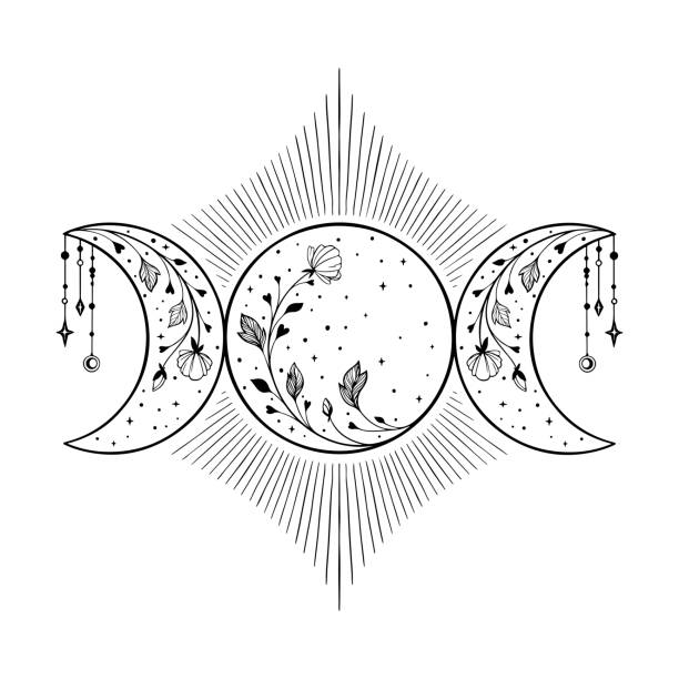 Triple moon Triple moon symbol with flowers and stars moon symbols stock illustrations