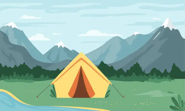 Vector illustration of Camping landscape. Vector Concept of outdoor recreation, family vacation, adventures in nature