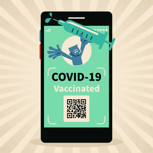 Vector illustration of Blue man showing Covid-19 Vaccine Passport app on a big smartphone screen