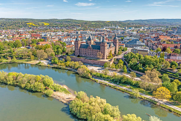 Panoramic aerial view over German city Aschaffenburg on the river Main during daytime