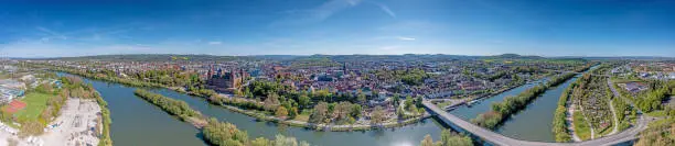 Panoramic aerial view over German city Aschaffenburg on the river Main during daytime