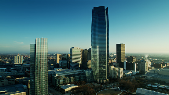 Aerial establishing shot of Downtown Oklahoma City on a sunny morning in winter.