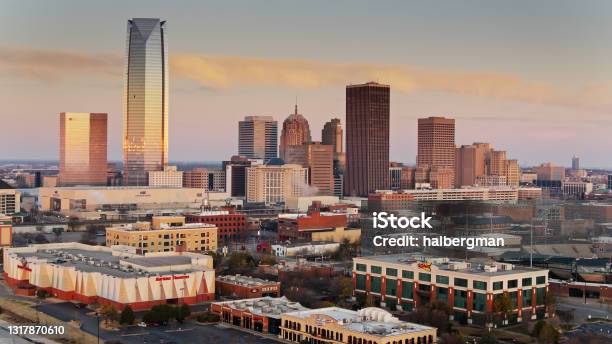 Bricktown And Central Business District At Sunrise In Oklahoma City Aerial Stock Photo - Download Image Now