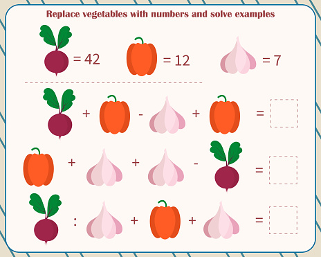 Chopping Board Math Game Math Game For Children Replace Vegetables With Numbers And Solve ...