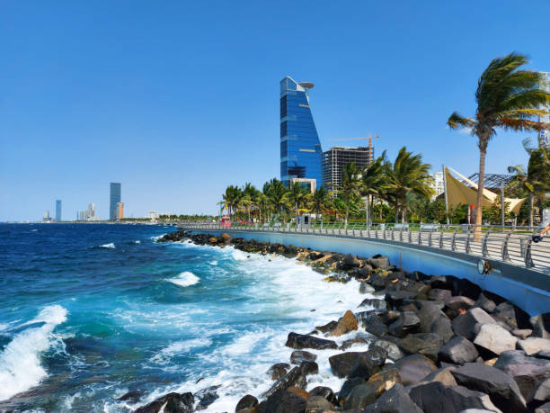 Jeddah beach - new corniche at red sea Jeddah, Saudi Arabia - Mar 04, 2021: beautiful View of Jeddah Waterfront - Red Sea corniche jeddah stock pictures, royalty-free photos & images