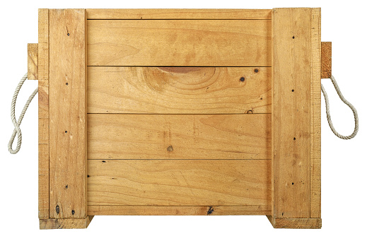 Protective packaging box with two rope carrying handles on either side. Lots of wood character and texture, good copy space in the center of the image.