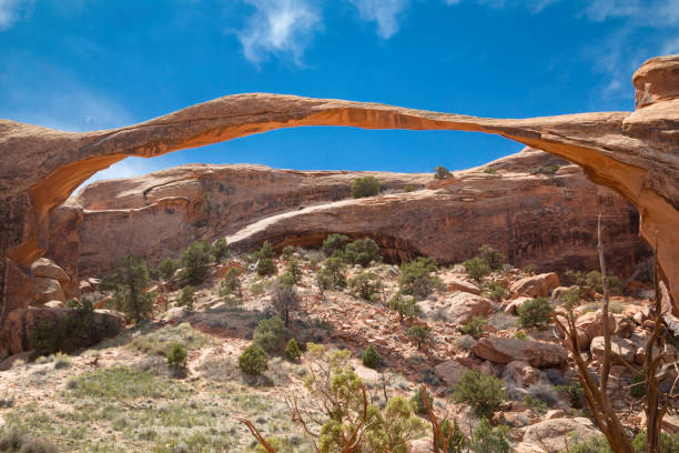 Landscape Arch in Arches National Park Wide angle view of Landscape Arch  against a deep blue skyin Arches National Parkin Utah. landscape arch photos stock pictures, royalty-free photos & images
