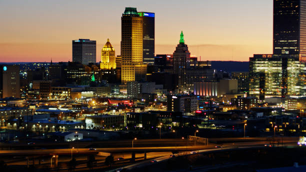 istock Aerial View of Tulsa Lit Up at Nightfall 1317880689