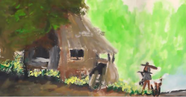 istock Bright Tropical Village Home by the Forest Watercolor Art Vector 2021 1317881638