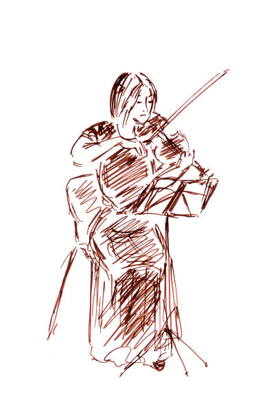 istock linear graphic drawing girl playing the violin sitting on a chair 1317882578