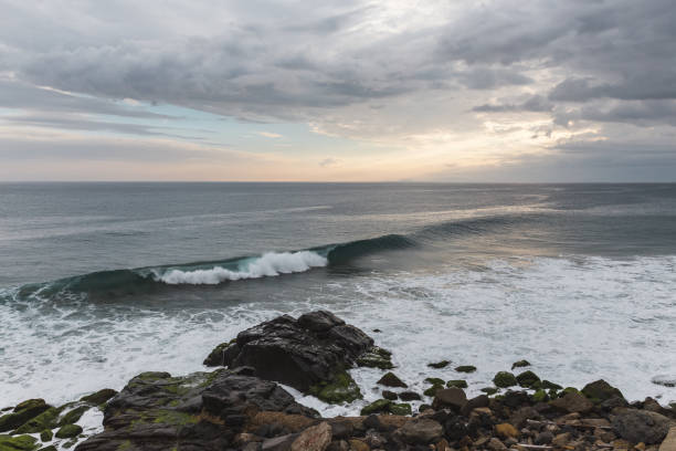 istock Wave washing ashore on a rocky beach at sunset 1317883035