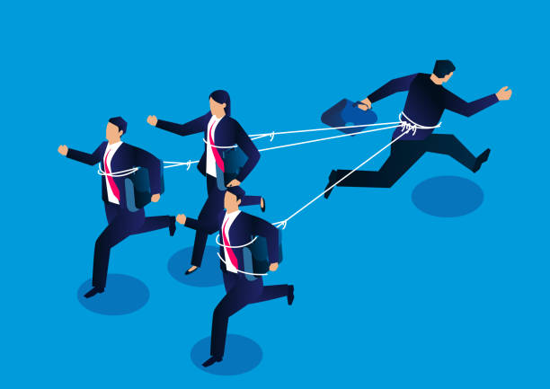 ilustrações de stock, clip art, desenhos animados e ícones de a businessman and three businessmen are tied with ropes and run in opposite directions, the concept of business competition and conflict - pulling