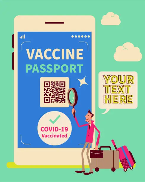 Vector illustration of One businessman (tourist) with luggage is showing the Covid-19 Vaccine Passport app on a big smartphone screen