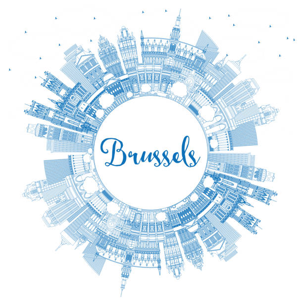 ilustrações de stock, clip art, desenhos animados e ícones de outline brussels belgium city skyline with blue buildings and copy space. - brussels