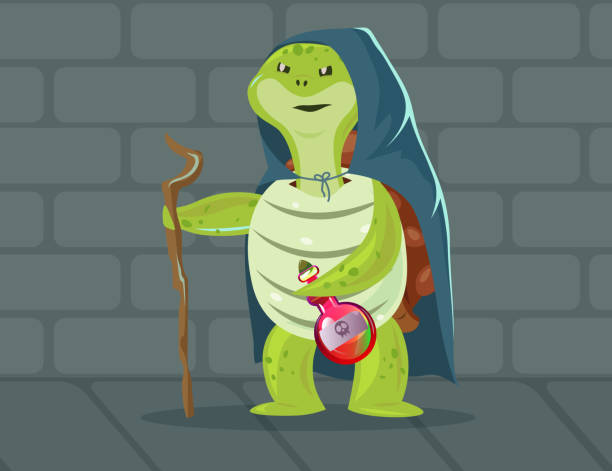 Evil turtle dressed as witch illustration Evil turtle dressed as witch illustration. Cartoon tortoise wearing cape, holding wooden stick and bottle with deadly poison. Fairytale, Halloween, fantasy, carnival concept wood turtle stock illustrations