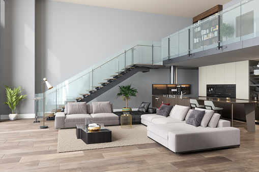 Luxury Living Room With Sofa, Open Plan Kitchen And Staircase.