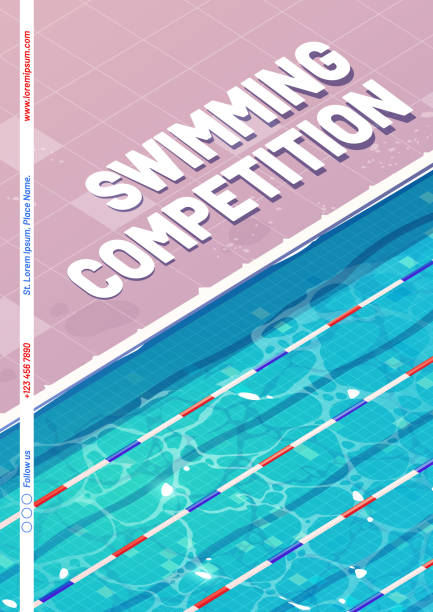 Swimming competition poster with top view of pool Swimming competition poster with top view of empty pool with blue water and lane markers. Vector flyer of swim race sport challenge with cartoon illustration of public pool water divide stock illustrations