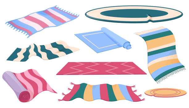 zestaw dywanów lub dywanów o różnych kształtach, kolorach - rug stock illustrations