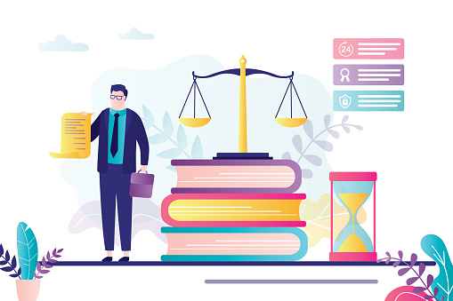 Male lawyer holds license. Advocate signed business agreement. Lawbooks and scales on background. Notary helps people with documents. Elements of law and justice. Trendy flat vector illustration