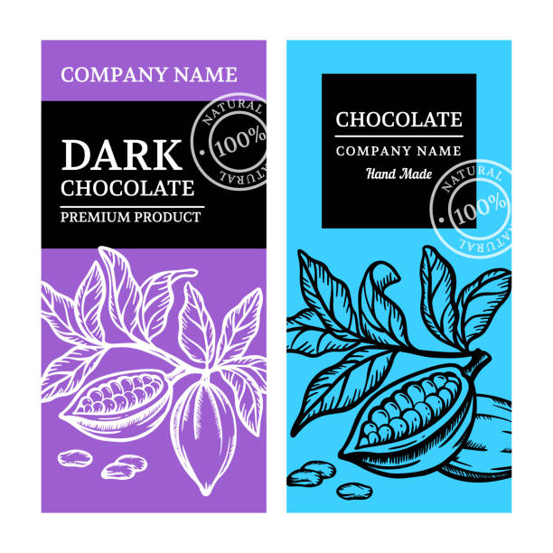 stockillustraties, clipart, cartoons en iconen met chocolade handgemaakte cacao design label vector illustratie set - hot chocolate purple