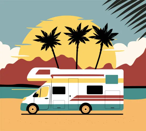 Vector illustration of Motorhome on background of abstract tropical landscape. Vector flat style illustration.